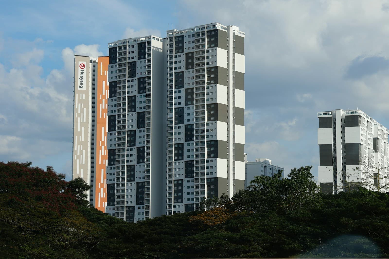Cluster of tall residential towers above green treetops